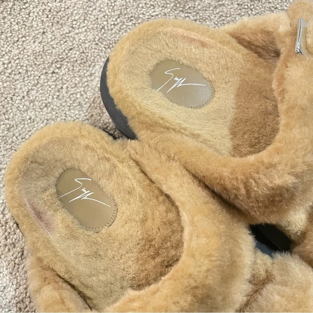 Giuseppe Zanotti Shearling Slides Faux Fur Camel Platform Sandals with buckles - Picture 8 of 12